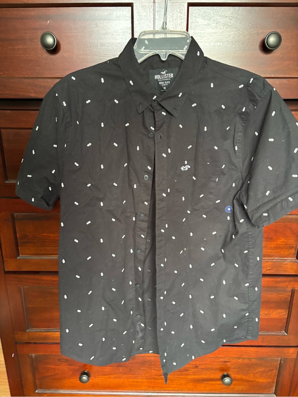 Hollister Black Short-Sleeve Button-Down Shirt with White Dot Motif